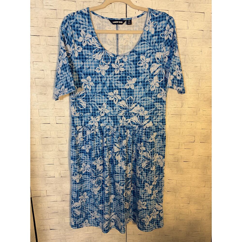 Lands’End womens T-shirt dress blue white plaid floral packets feminine spring ￼